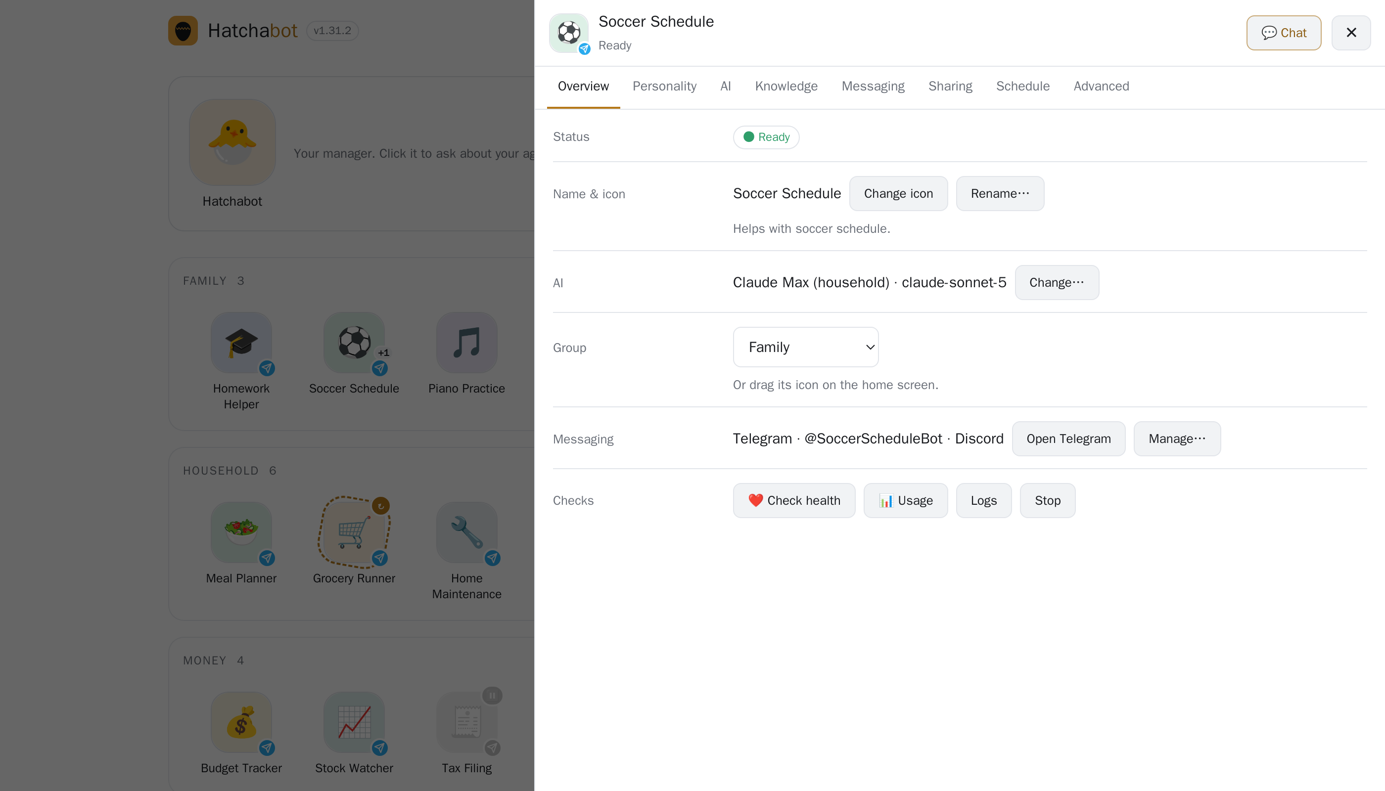 One agent's settings sheet: status, name and icon, which AI it uses, its group, the messaging apps that reach it, and health checks