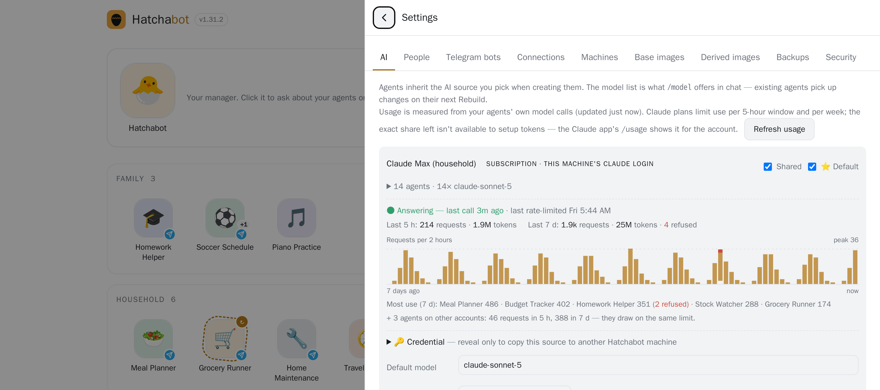 Usage for an AI source: requests and tokens for the last 5 hours and 7 days, a 7-day chart, and the agents using it most