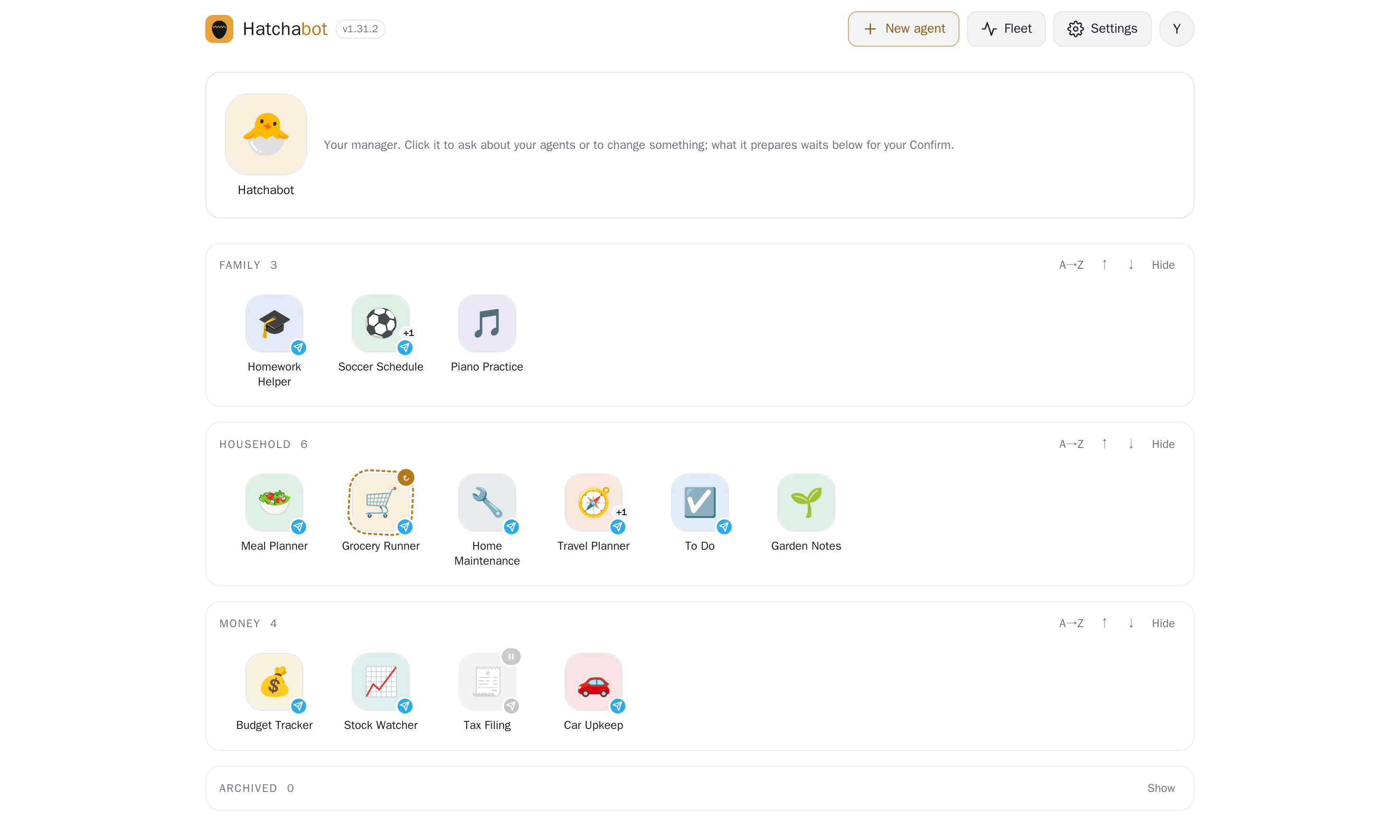 The Hatchabot home screen: a big icon for the Hatchabot manager agent, then the household's agents as labelled icons grouped into Family, Household and Money, each showing its status and the apps that reach it